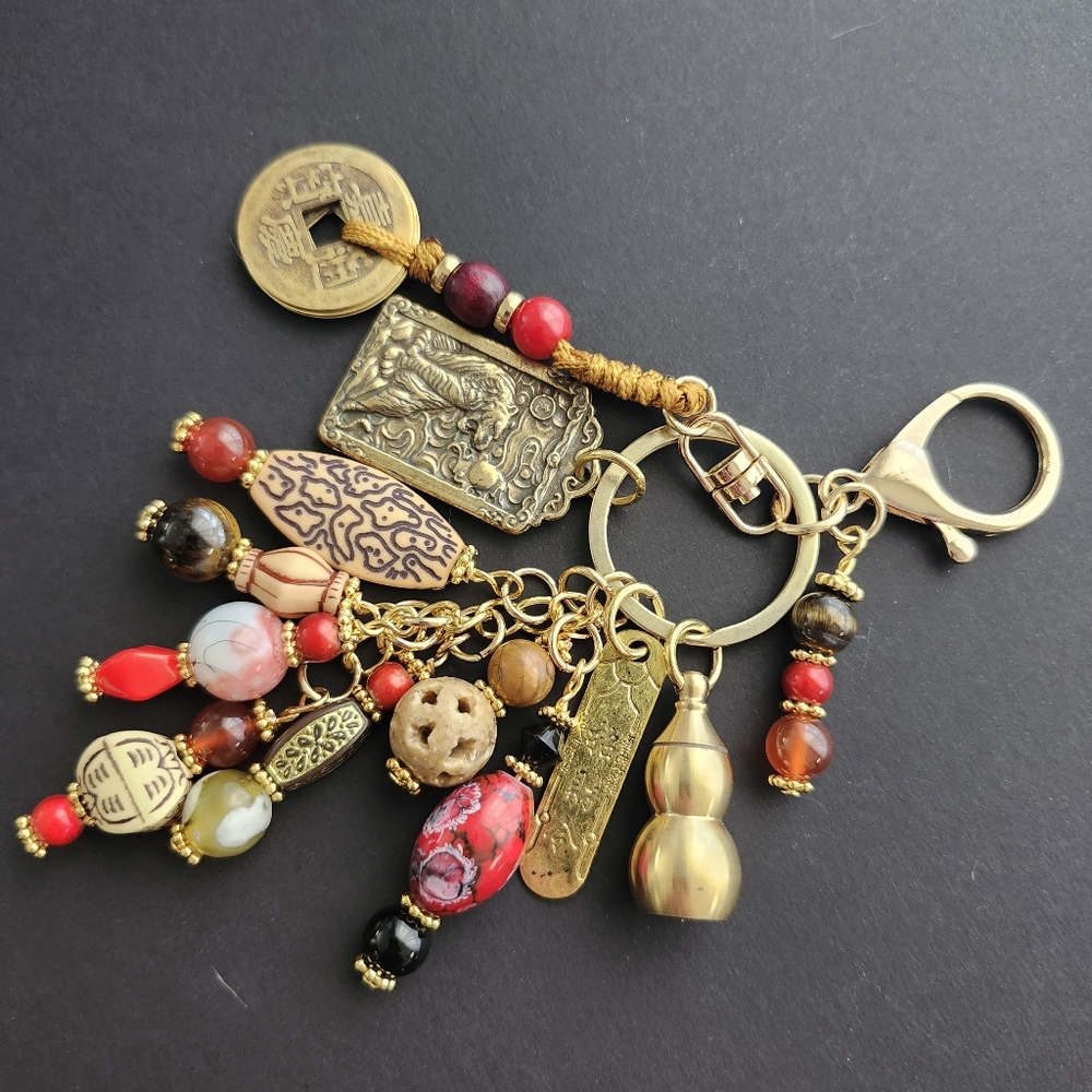 Chinese Feng Shui-inspired Purse Charm or Keychain Asian Jasper  Handcrafted